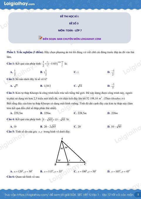 Đề thi học kì 1 Toán 7 - Đề số 3 - Kết nối tri thức